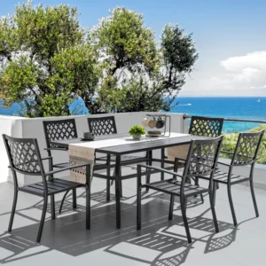 Outdoor 7-Piece Dining Set, Iron Finish, Black with Gold Speckles