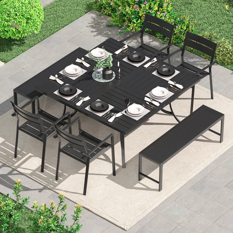 Patio Dining Set with Stackable Metal Chairs and 59" Square Dining Table (Set of 7) - Image 2